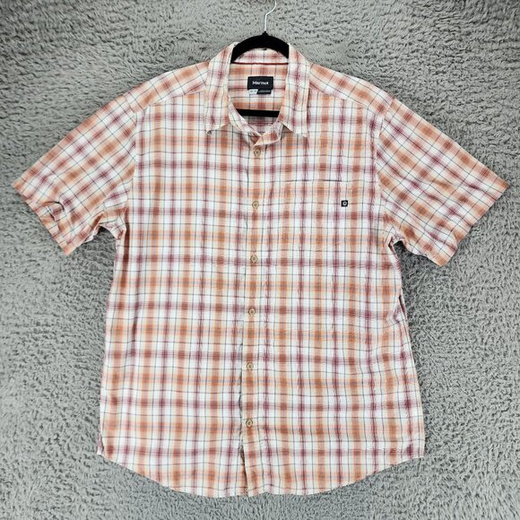 Marmot Shirt Mens XL Orange Plaid Short Sleeve Button Up *GUC* - Picture 1 of 10